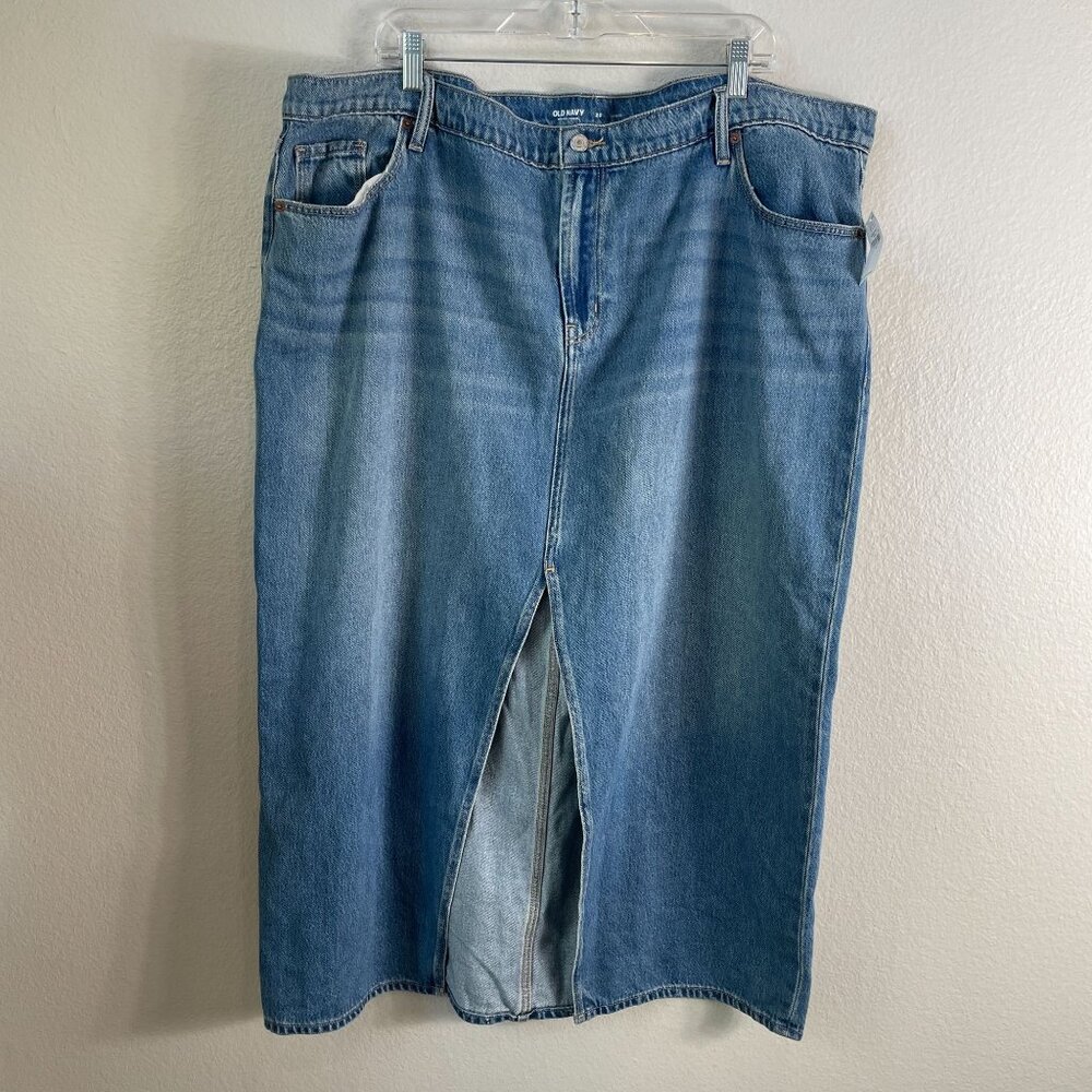 Old Navy Blue Denim Midi Skirt with Front Slit - Size 20